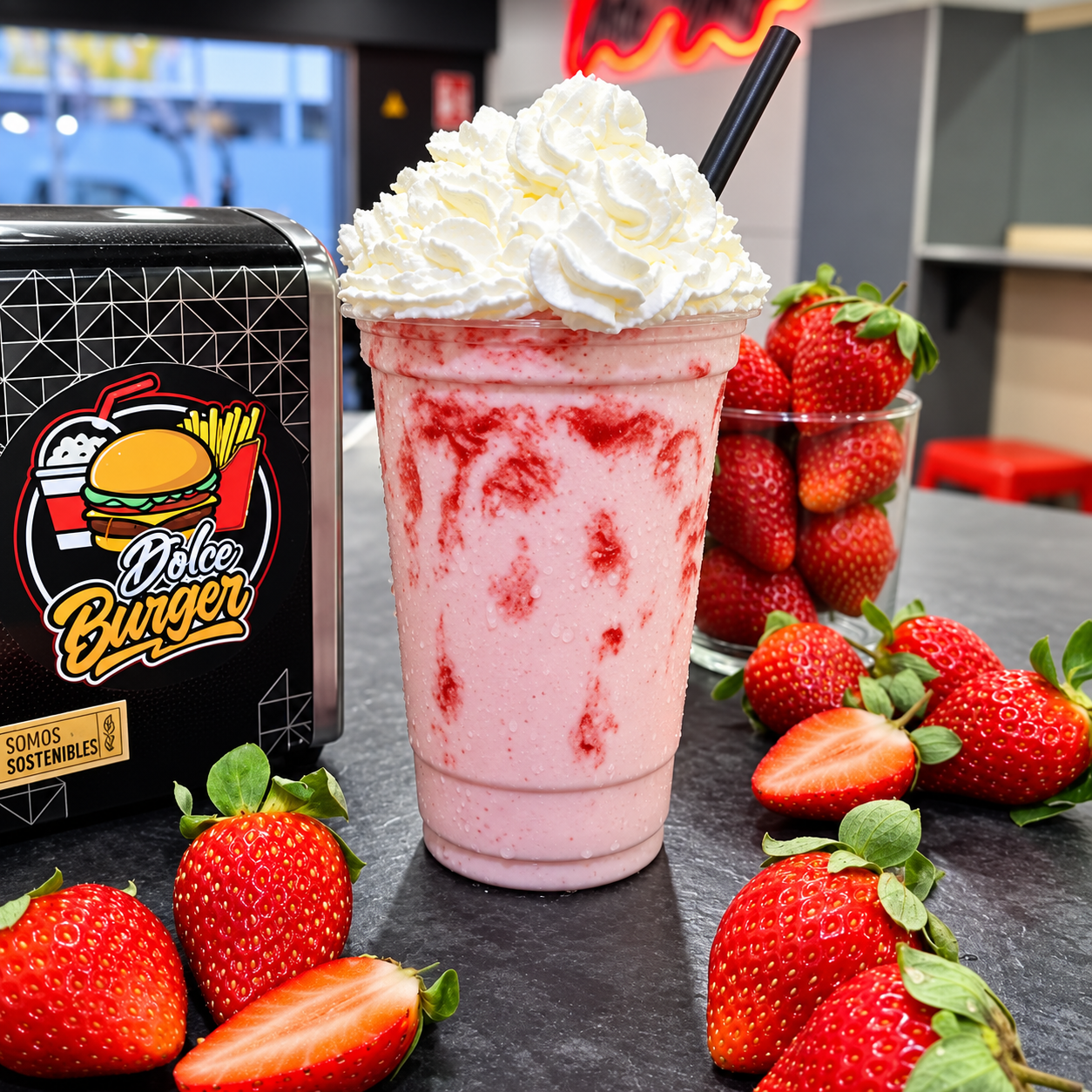 Batido de fresa con nata y fresas frescas
